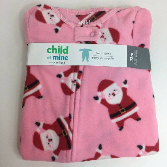 Carters Child of Mine 12 Month Fleece Footed Pajamas Pink Santa Sleeper X-Mas - Picture 9 of 12